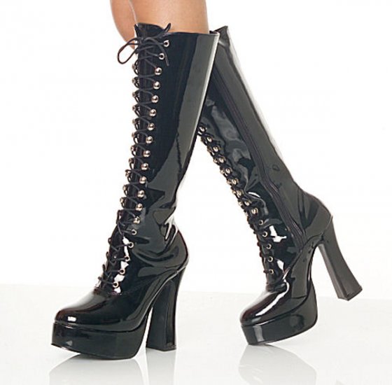 SEXY BLACK PATENT LACE-UP PLATFORM HIGH HEEL KNEE BOOTS - SIZE 8 OR SIZE 9