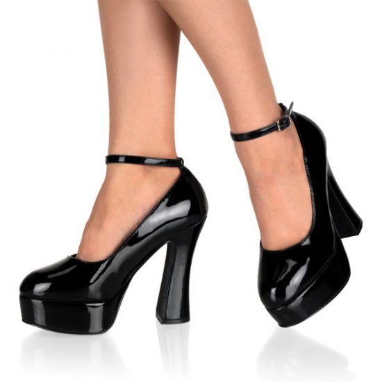 SEXY BLACK PATENT CHUNKY HEEL ANKLE STRAP PLATFORM PUMP - SIZE 6