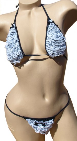 SEXY BLACK RUFFLED LACE TEENY BIKINI BRA TOP & RUFFLED BOTTOMS - ONE SIZE
