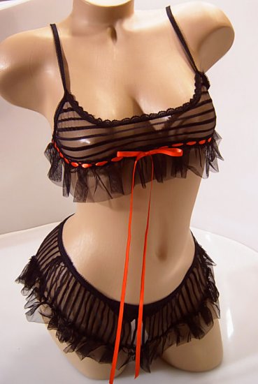 SEXY SHEER BLACK or WHITE STRIPED NET CROP CAMI TOP MINI SKIRT & G-STRING - ONE SIZE