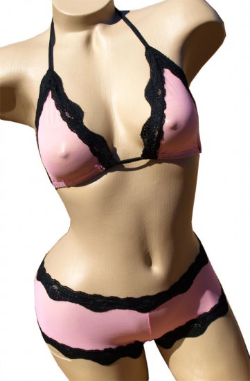 SEXY PINK MESH & BLACK LACE HALTER BRA TOP & BOY SHORTS SET - ONE SIZE