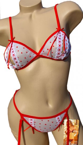 SEXY WHITE MESH & RED HEARTS OPEN CUP BRA THONG & STOCKINGS SET - ONE SIZE