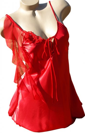 SEXY RED SATIN CHARMEUSE & CHIFFON CHEMISE* SMALL or MEDIUM