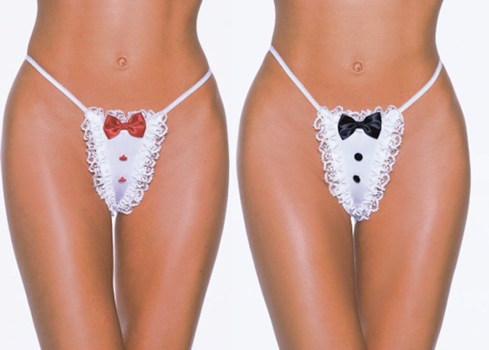 SEXY SET OF 2 PR SATIN & LACE TUXEDO THONGS* RED & BLACK* ONE SIZE