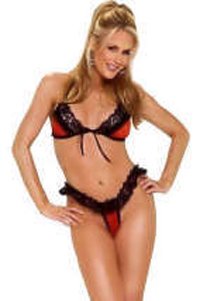 SEXY ORANGE POLKA DOT & BLACK RUFFLED LACE BRA & THONG - PLUS