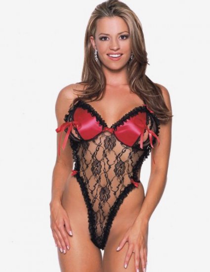 SEXY RED LACE & BLACK SATIN OPEN CUP THONG BACK TEDDY BARE -- PLUS