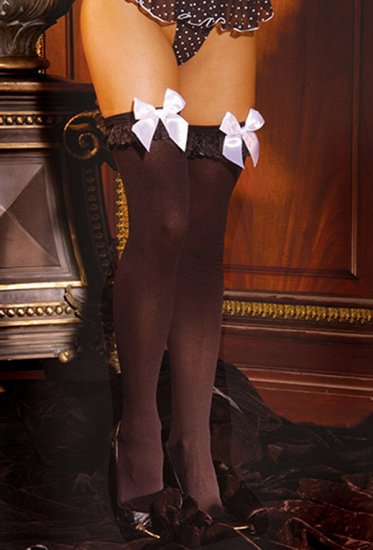 SEXY BLACK OPAQUE THIGH-HIGH STOCKINGS W RUFFLE & SATIN BOW - ONE SIZE