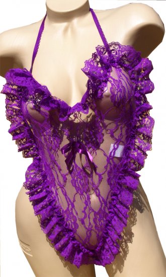 SEXY VALENTINE PURPLE LACE HEART THONG BACK TEDDY BARE - ONE SIZE