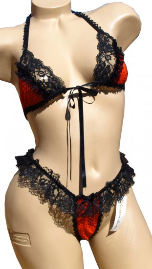 SEXY ORANGE POLKA DOT & BLACK RUFFLED LACE BRA & THONG - ONE SIZE