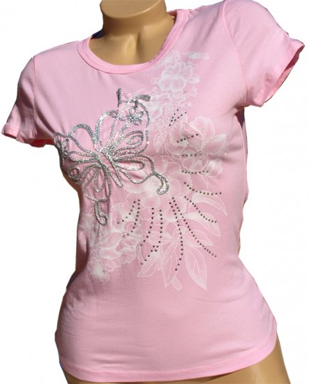 SUPER SALE* NEW SEXY PINK WOMENS T-SHIRT TEE W/ RHINESTONES & BUTTERFLY* SMALL* MEDIUM* or LARGE