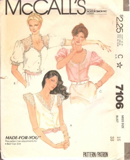 McCall's 7106 Lacy Blouses Size 16 Sewing pattern