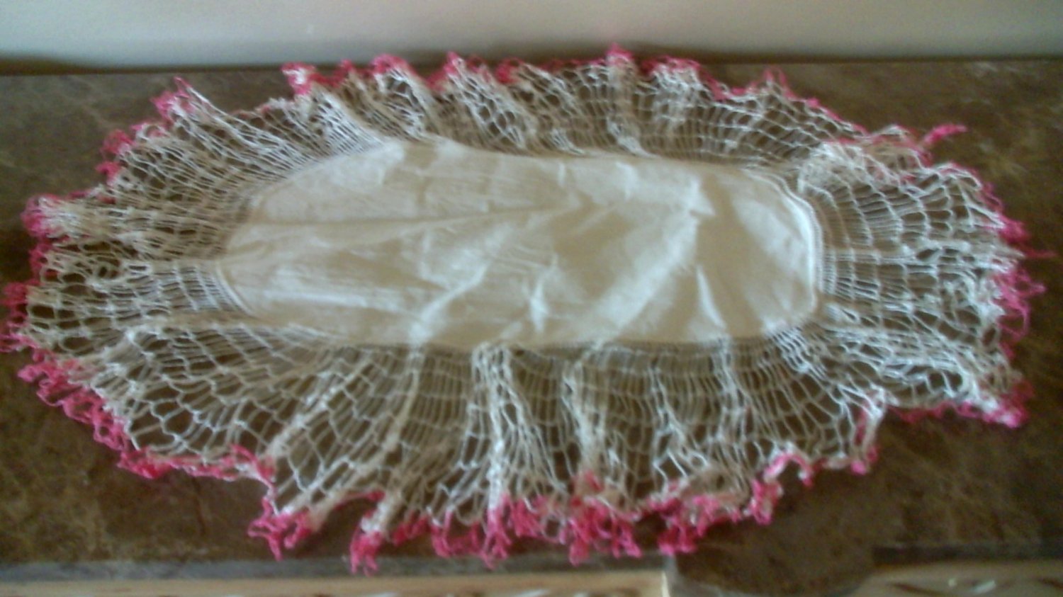 Vintage Fabric Lace Pink & Off White Crocheted Doily Table Runner