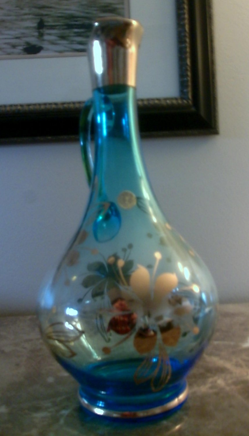 Antique Blue Glass Decanter, Gold Trim and Flowers