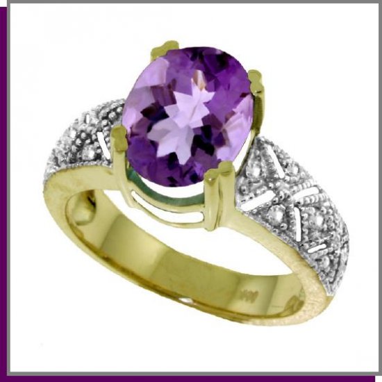 14K Solid Gold 3.0 CT Genuine Amethyst & Diamond Ring SZ 5 - 9