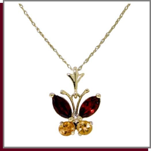 14K Solid Gold Natural Garnet & Citrine Butterfly Necklace