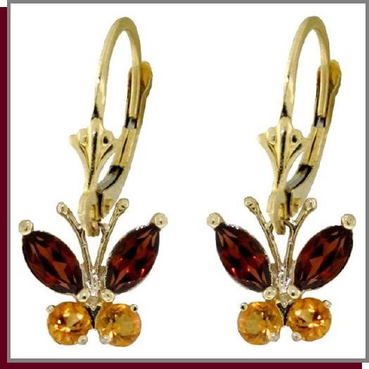 14K Solid Gold Natural Garnet & Citrine Butterfly Earrings