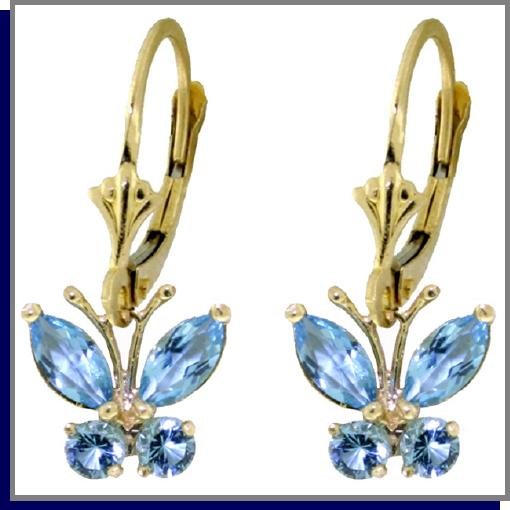 14K Solid Gold 1.24 CT Natural Blue Topaz Butterfly Dangle Earrings
