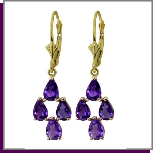 14K Solid Gold 3.0 CT Pear Amethyst Dangle Earrings