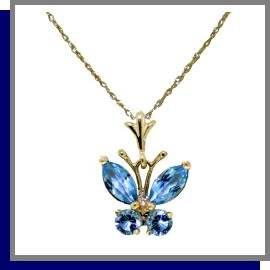 14K Solid Gold .50 CT Natural Blue Topaz Butterfly Necklace