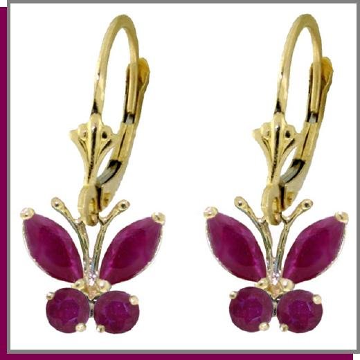 14K Solid Gold 1.25 CT Natural Ruby Butterfly Dangle Earrings