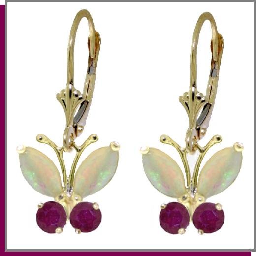 14K Solid Gold 1.39 CT Natural Opal & Ruby Butterfly Dangle Earrings
