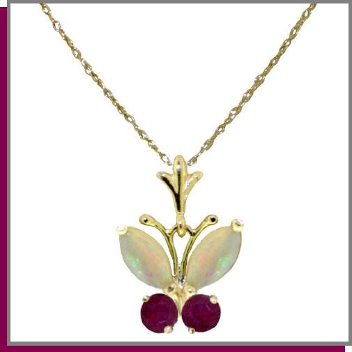 14K Solid Gold .70 CT Natural Opal & Ruby Butterfly Necklace