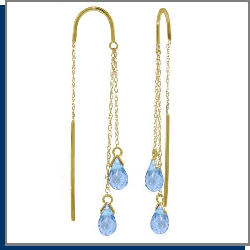 14K Gold Threaded Dangle Earrings 2.5 CT Blue Topaz