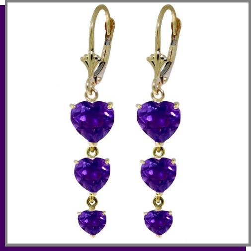 14K Yellow Gold 6.0 CT Heart Amethyst Dangle Earrings