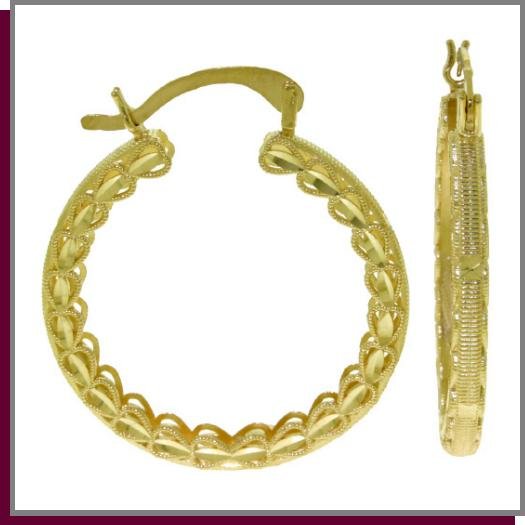 14K Solid Yellow Gold Heart Filigree Hoop Earrings
