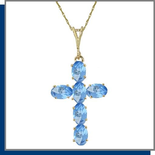 14K Solid Gold 1.50 CT Blue Topaz Cross Necklace