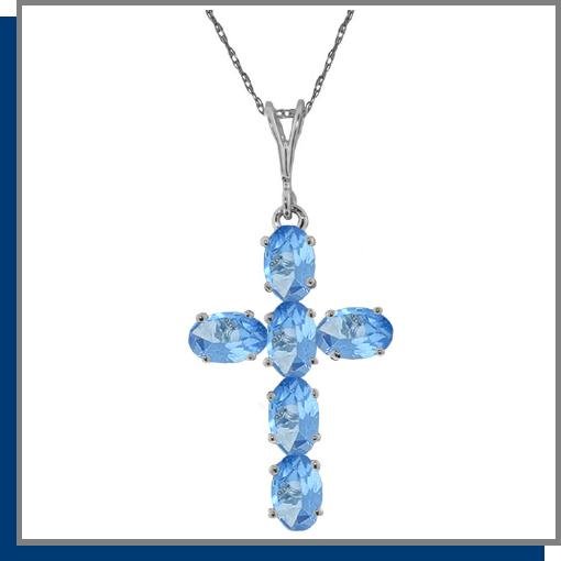 14K White Gold 1.50 CT Blue Topaz Cross Necklace