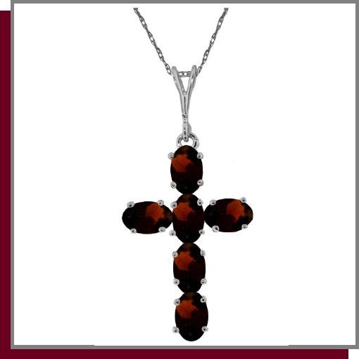 14K White Gold 1.50 CT Genuine Garnet Cross Necklace