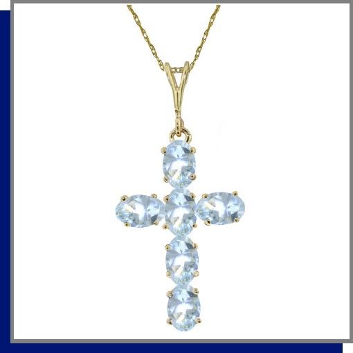 14K Yellow Gold 1.50 CT Aquamarine Cross Necklace