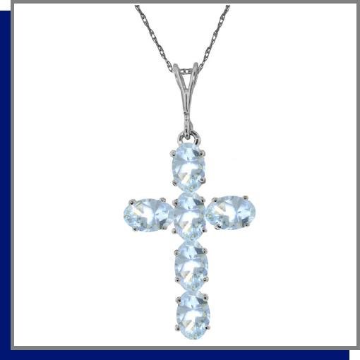 14K White Gold 1.50 CT Aquamarine Cross Necklace