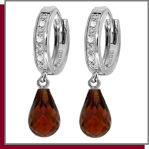 14K White Gold 4.50 Briolette Garnet & Diamond Hoop Drop Earrings