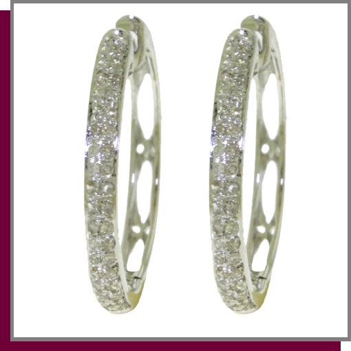 10K Solid White Gold Hoop Huggie Diamond Earrings