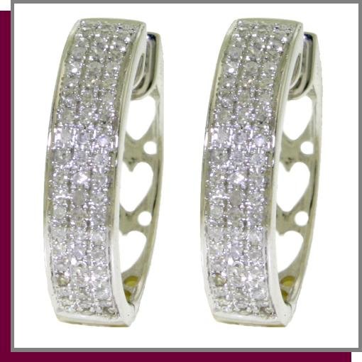 10K Solid White Gold Hoop Huggie Diamond Earrings