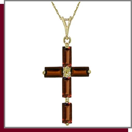 14K Yellow Gold 1.0 CT Baguette Garnet Cross Necklace