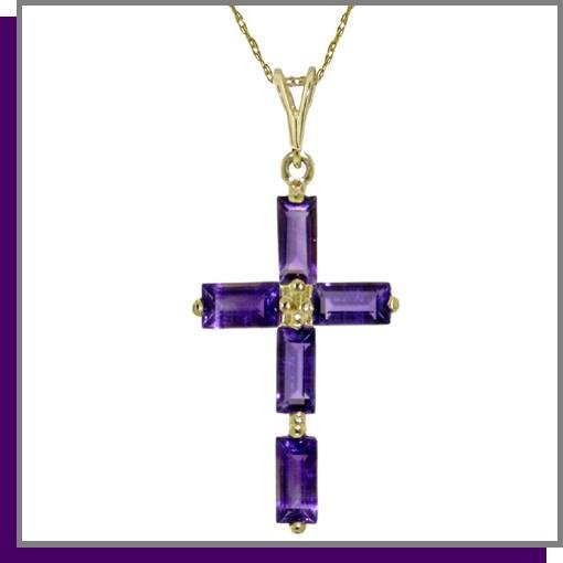 14K Yellow Gold 1.0 CT Baguette Amethyst Cross Necklace
