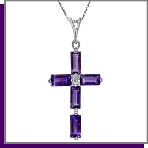 14K White Gold 1.0 CT Baguette Amethyst Cross Necklace