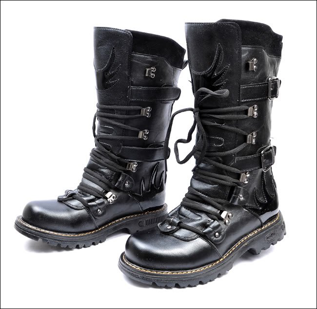 Punk Rock MENS BLACK GOTH PUNK ROCK BAND BUCKLE BOOTS