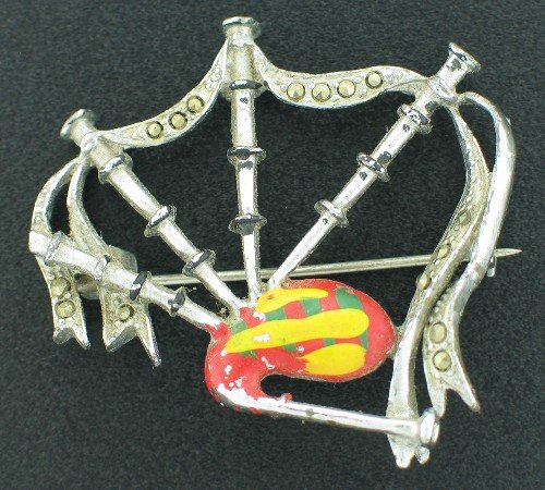 Vintage Bagpipe Brooch with Marcasites Signed Made in England Bro2175