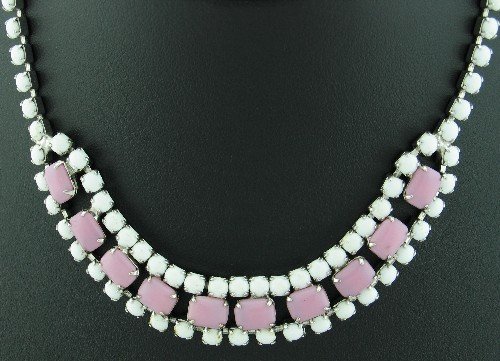 Vintage Coro Round Milkglass and Pink Emerald Cut Cabochon Necklace Nec2084