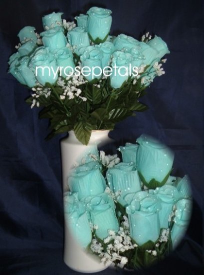 84 Silk Rose Flowers with Raindrops-Wedding Roses Flowers - Aqua