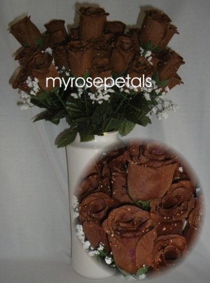 84 Silk Rose Flowers with Raindrops-Wedding Roses Flowers - Brown