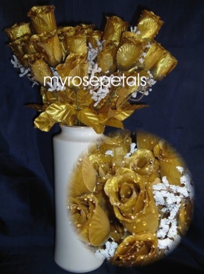 84 Silk Rose Flowers with Raindrops-Wedding Roses Flowers - Gold