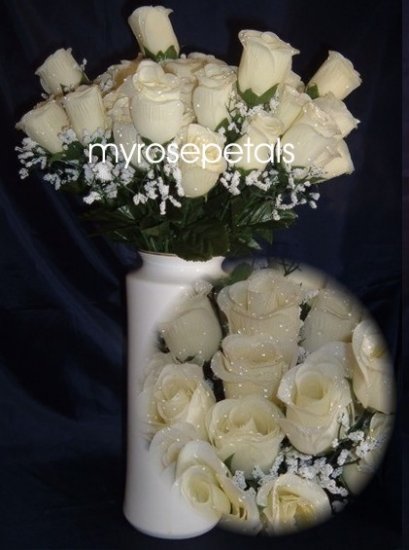 84 Silk Rose Flowers with Raindrops-Wedding Roses Flowers - Ivory