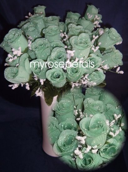 84 Silk Rose Flowers with Raindrops-Wedding Roses Flowers - Pistachio