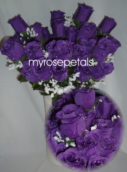 84 Silk Rose Flowers with Raindrops-Wedding Roses Flowers - Purple