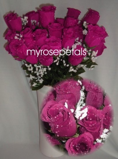 84 Silk Rose Flowers with Raindrops-Wedding Roses Flowers - Raspberry